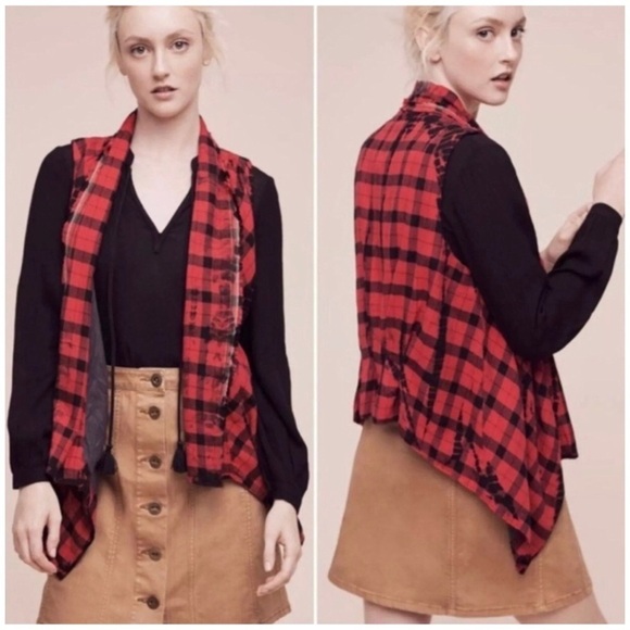 elevenses Tops - ANTHROPOLOGIE Elevenses Roxanne Vest in Red Plaid Waterfall Size M